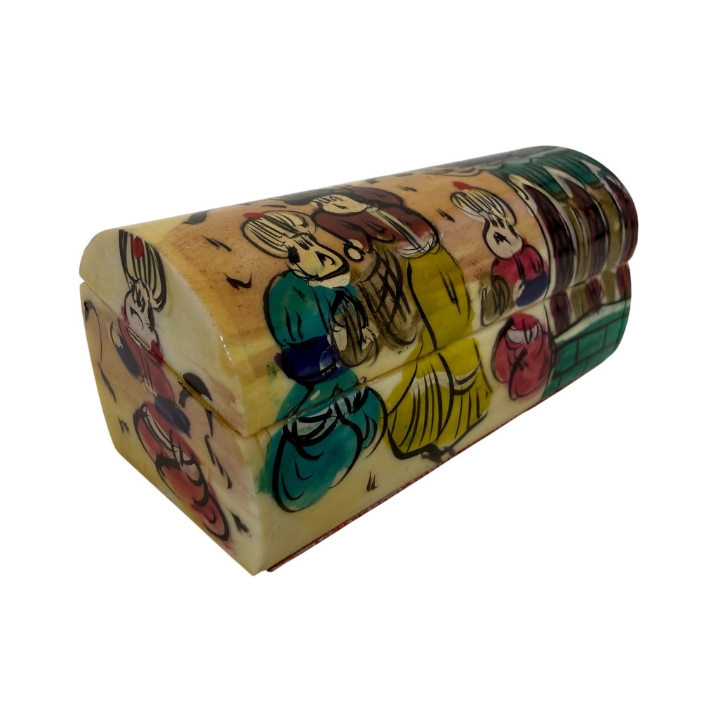 Vintage Hand Painted Camel Bone Jewelry Trinket Box Persian Miniature Art Trunk